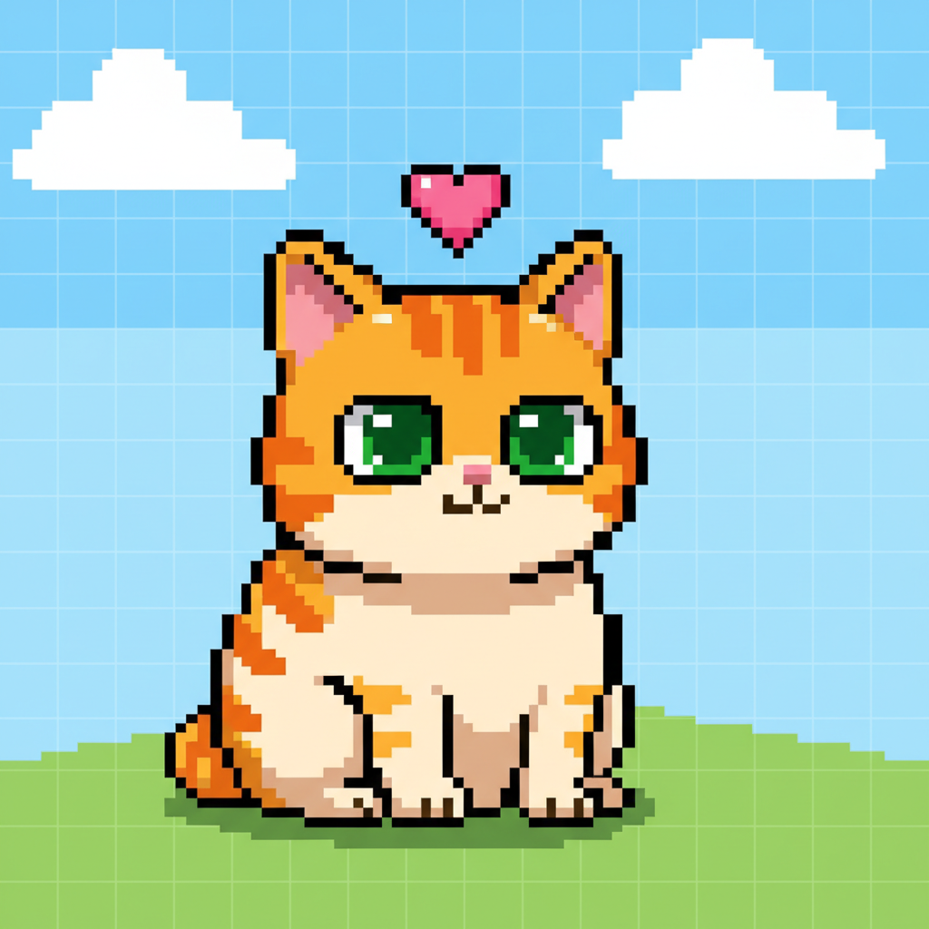 AI pixel art creator result — a cute 8-bit pixel cat character game sprite with bright cheerful colors