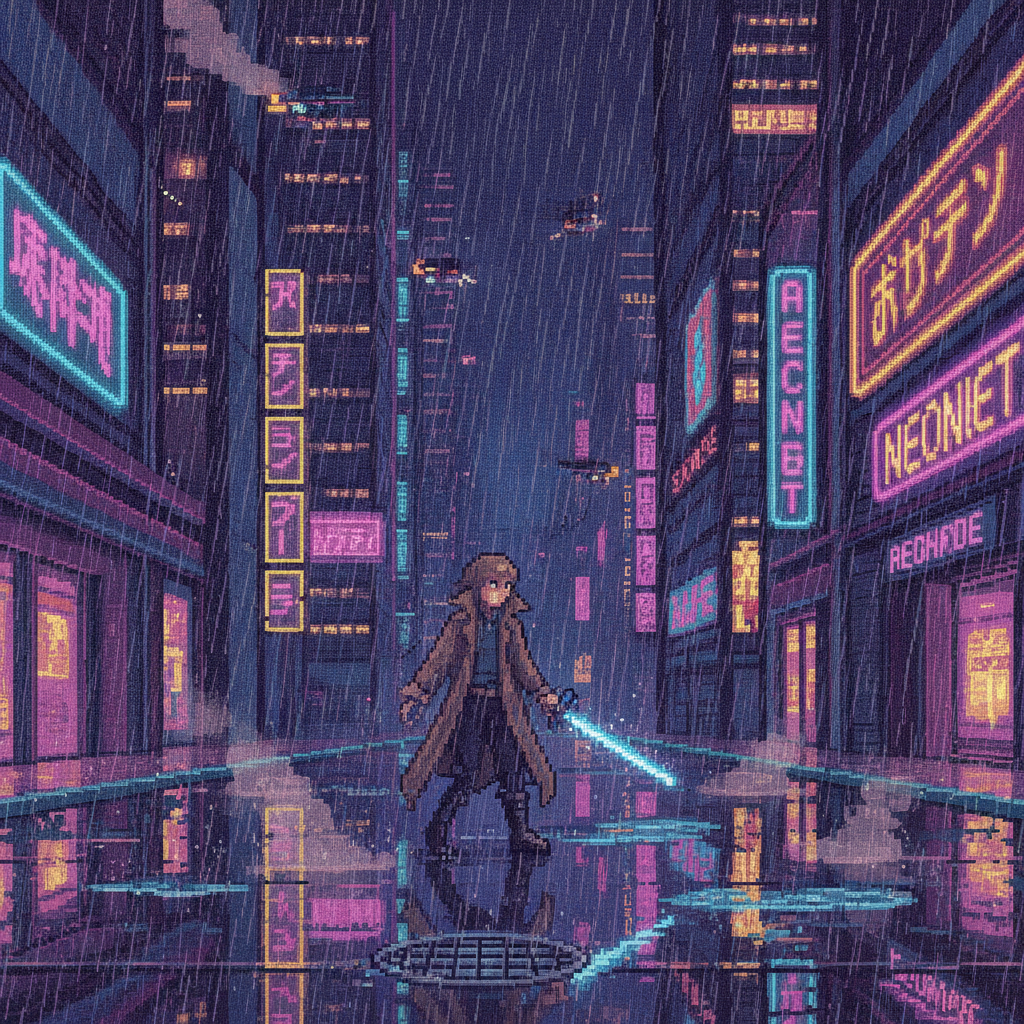 AI pixel art creator result — a 16-bit cyberpunk city street at night with neon signs and rain in retro game style