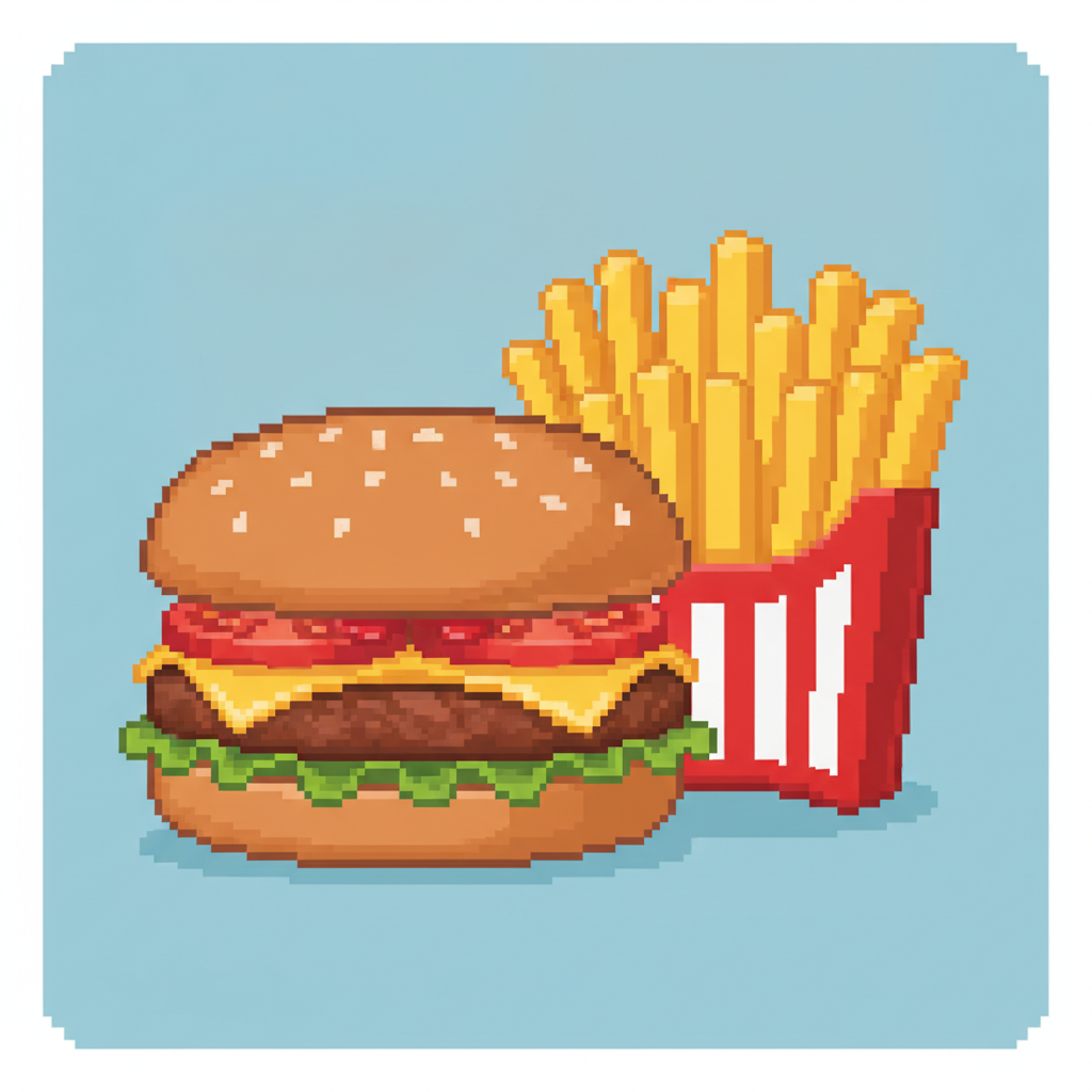 AI pixel art creator result — a cute 8-bit pixel hamburger and fries food icon with vivid colors