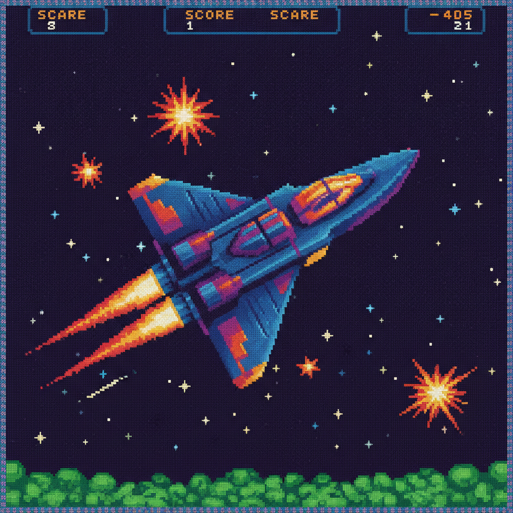 AI pixel art creator result — a 16-bit retro spaceship flying through a starfield arcade game sprite with vibrant colors