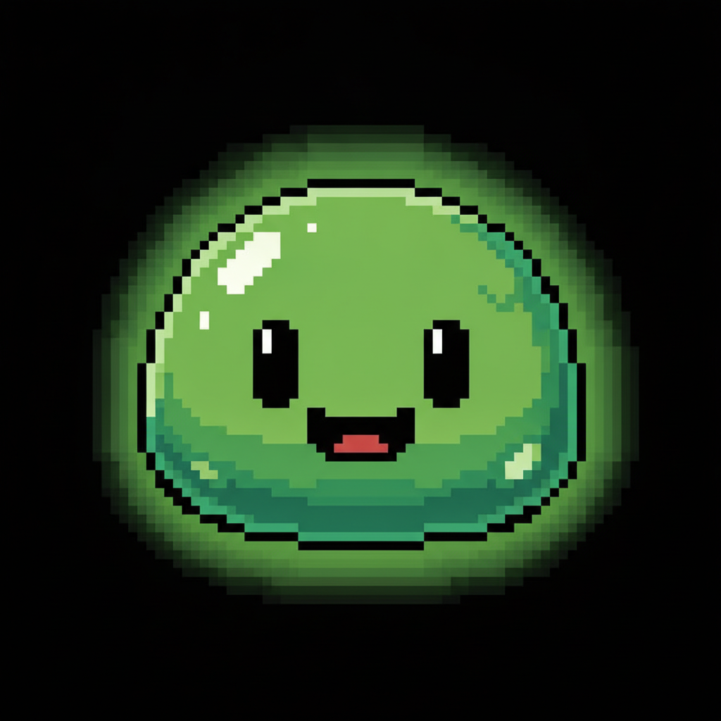 AI pixel art generator result — a cute green pixel art slime monster character in 16-bit game style