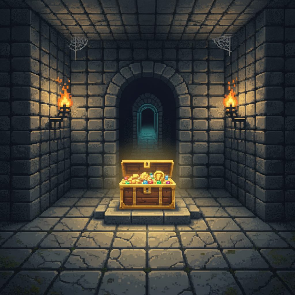 AI pixel art generator result — an 8-bit pixel art dungeon interior with torches and a treasure chest