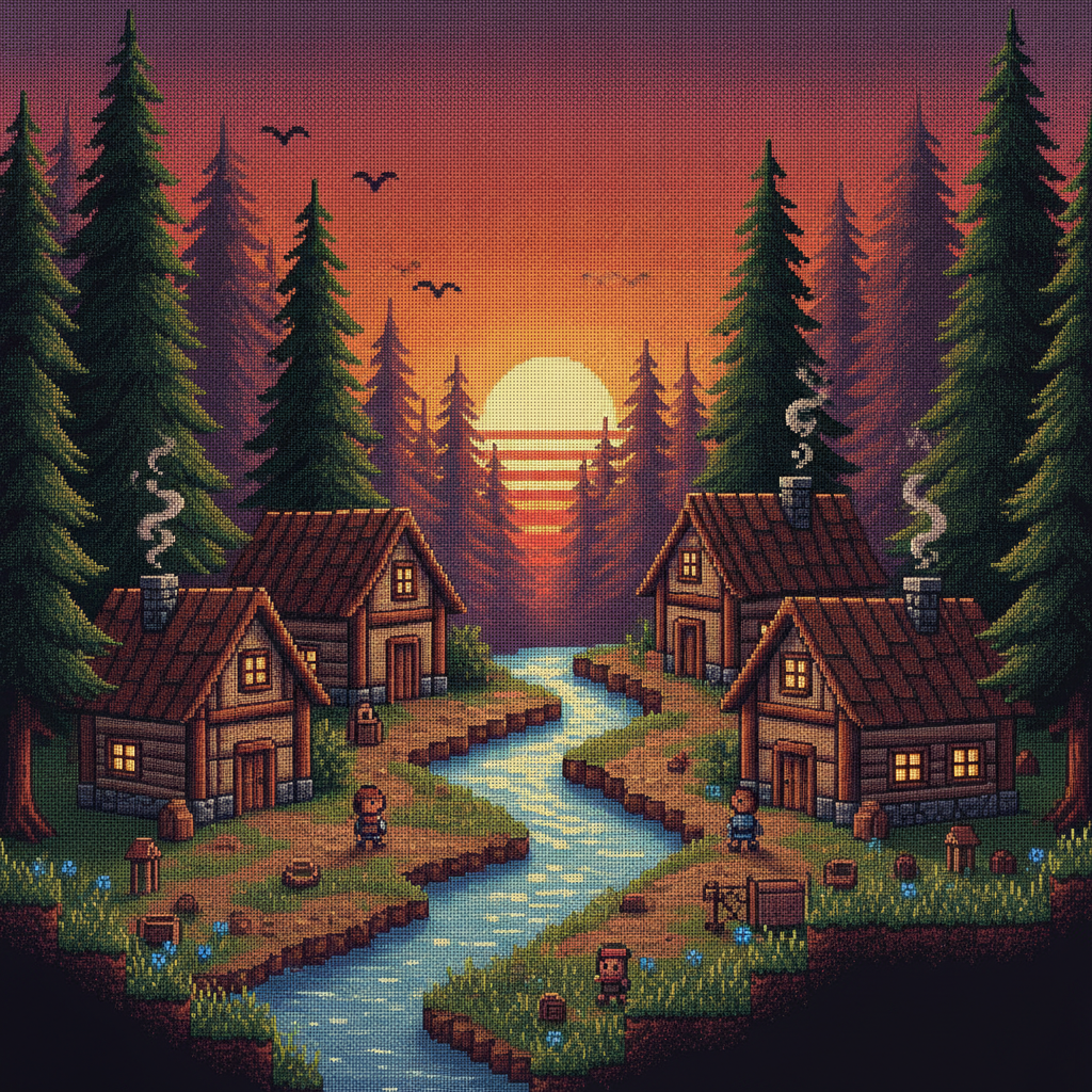 AI pixel art generator result — an 8-bit pixel art forest village at sunset with glowing windows