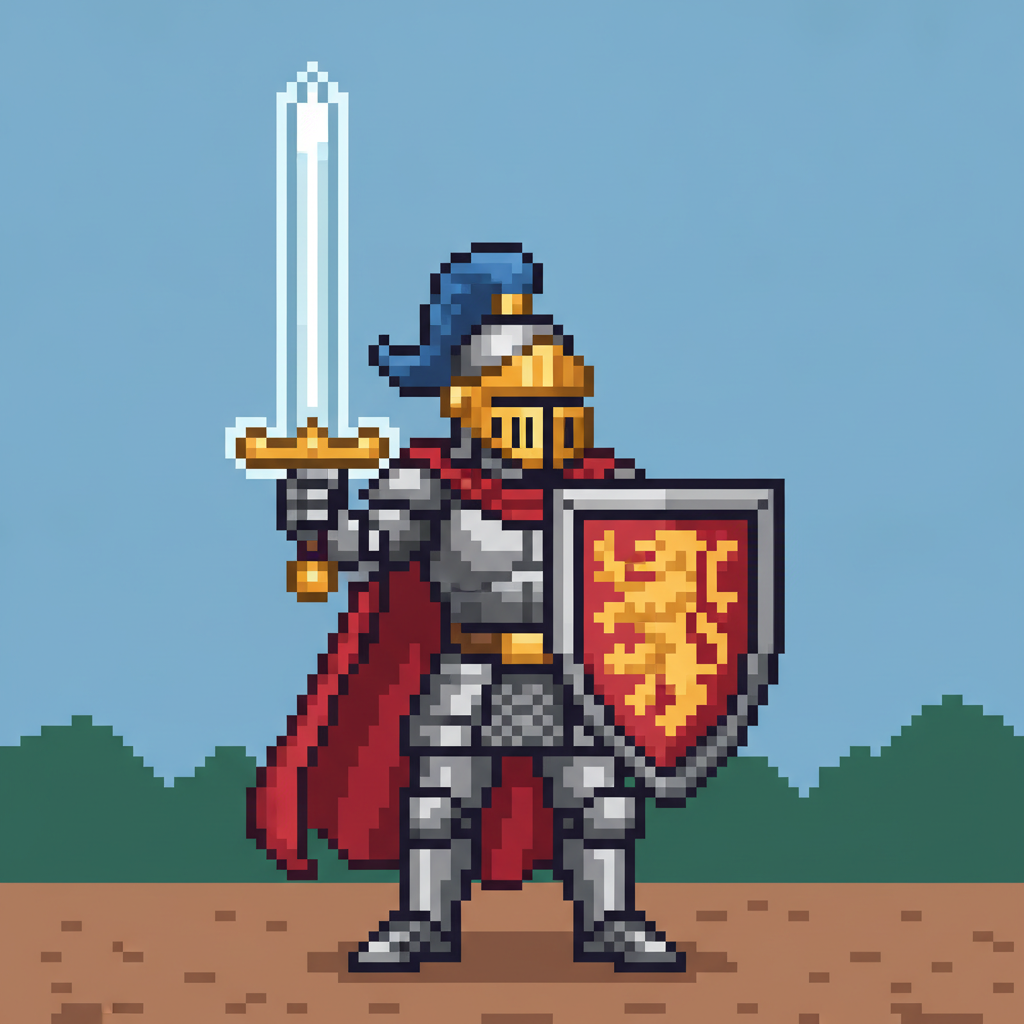 AI pixel art generator result — a 16-bit retro pixel art knight character sprite with sword and shield