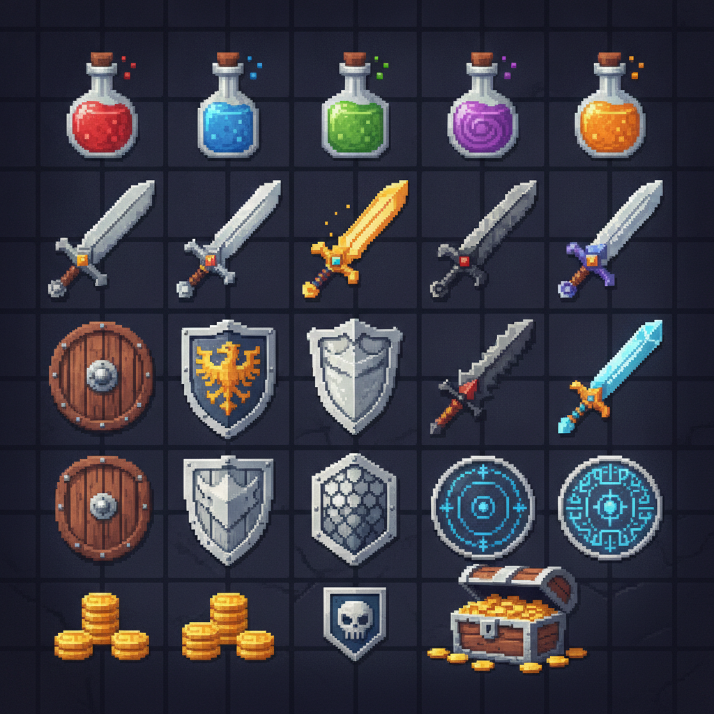 AI pixel art generator result — a set of 16-bit pixel art RPG inventory items, potions, swords and coins