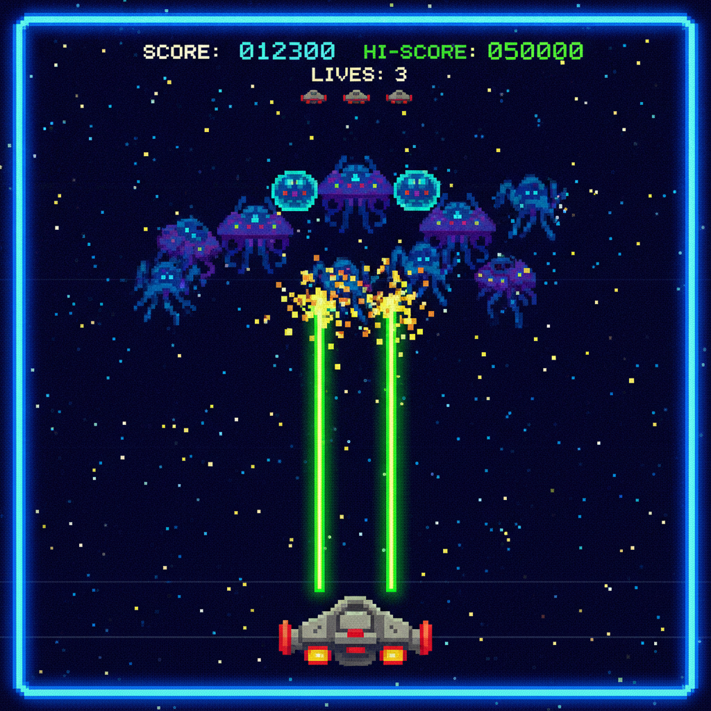 AI pixel art generator result — a retro 8-bit pixel art space shooter arcade scene with spaceship and lasers