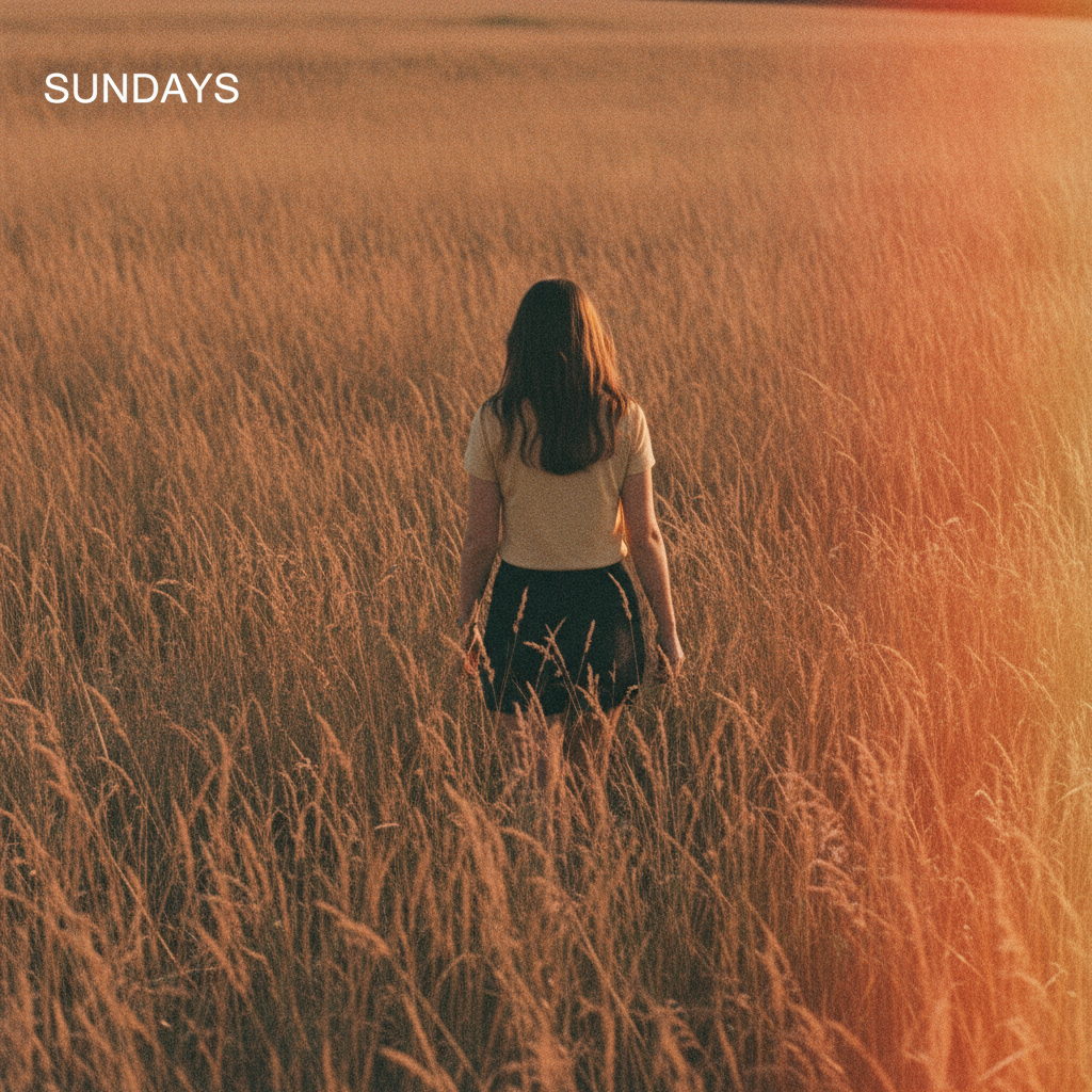 Film grain playlist cover art example — a warm faded 35mm photograph of a woman walking away through tall golden grass at sunset, with the word SUNDAYS set very small in plain white capitals in the top left corner