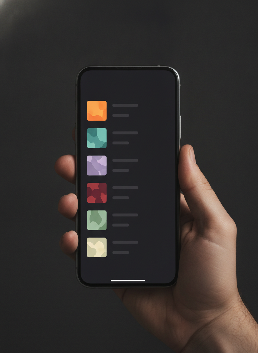 A hand holding a phone showing a dark music app library as a list of six rows, each with a small square playlist cover thumbnail in orange, teal, lilac, deep red, sage and cream — the size at which every playlist cover actually gets seen