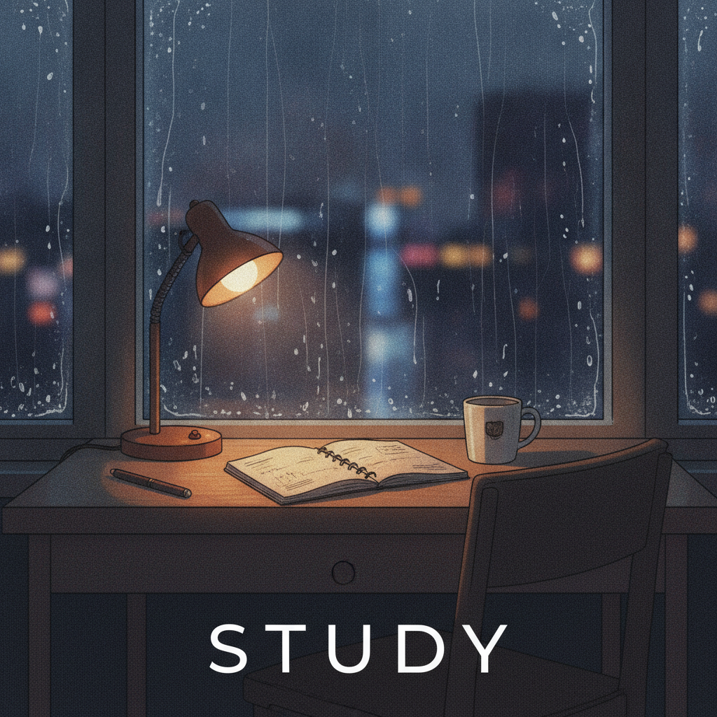 AI playlist cover generator example — a lo-fi illustration of a lamplit wooden desk with an open notebook and a mug in front of a rain streaked window over a blurred blue city, the word STUDY across the bottom in wide spaced white capitals
