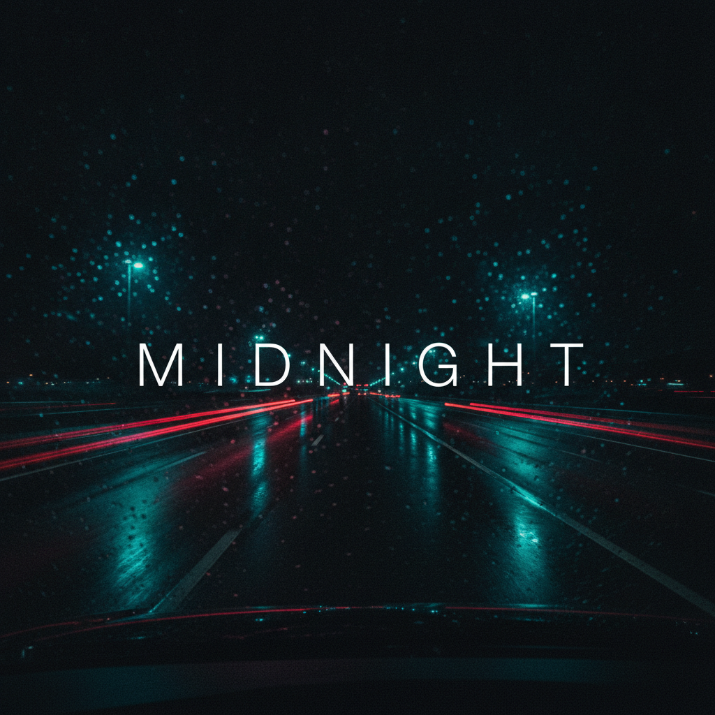 Cinematic dark playlist cover example — a night view through a car windscreen of a wet highway with red taillight streaks and teal neon reflections, the word MIDNIGHT across the centre in thin widely spaced white capitals