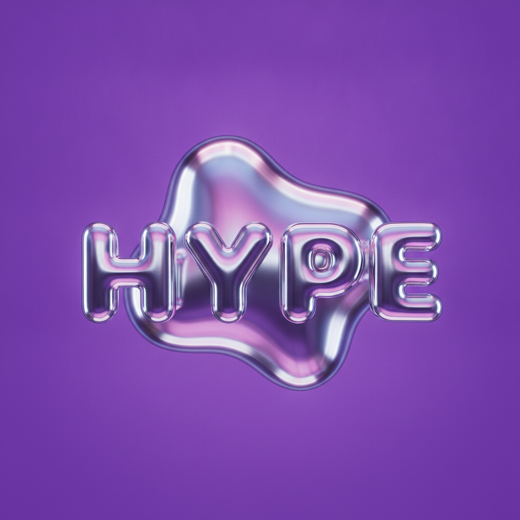 Y2K aesthetic playlist cover example — a vivid lilac purple square with a glossy liquid chrome blob behind the word HYPE set in chunky reflective chrome bubble letters