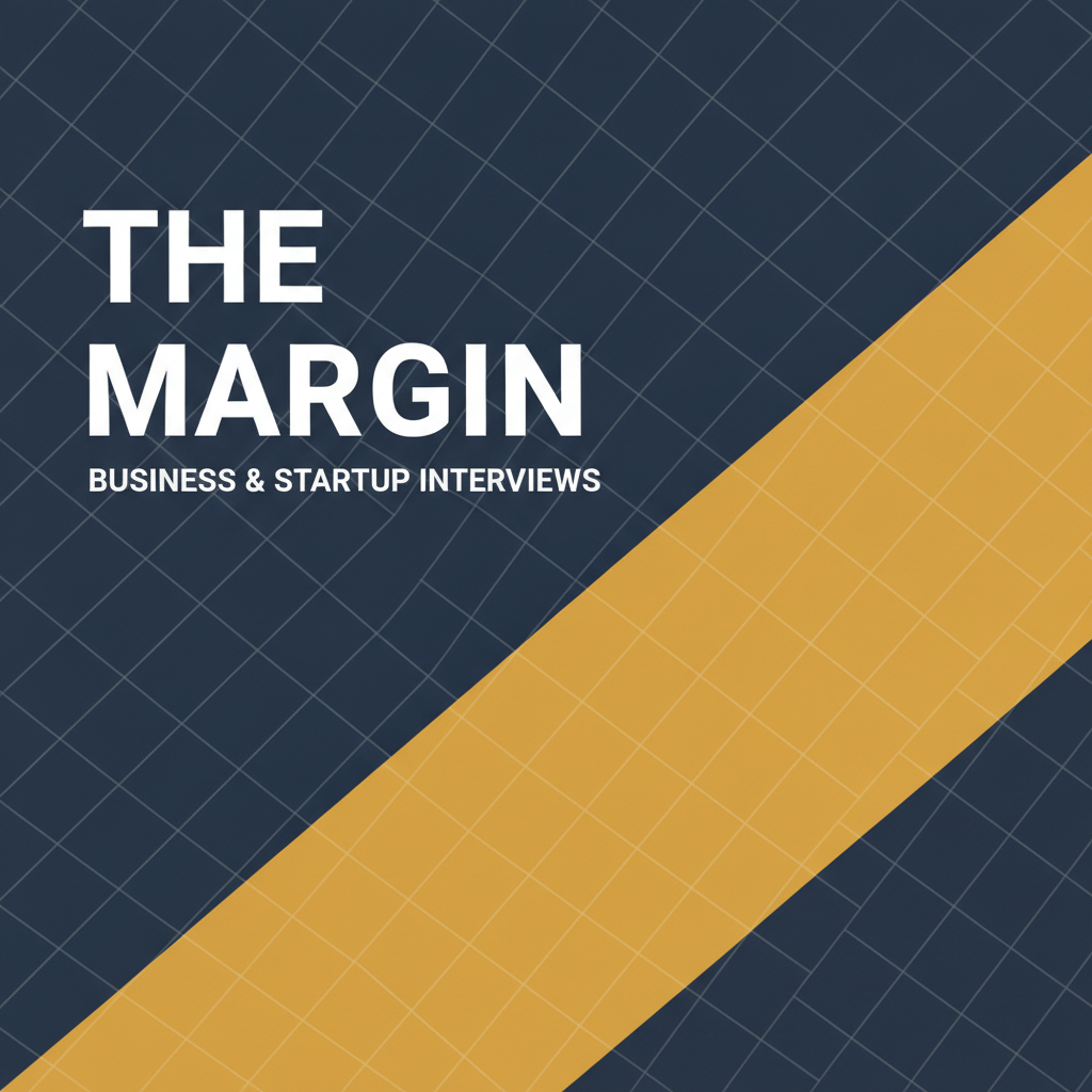 Podcast cover art example — a minimal navy and mustard business podcast cover with heavy uppercase title type