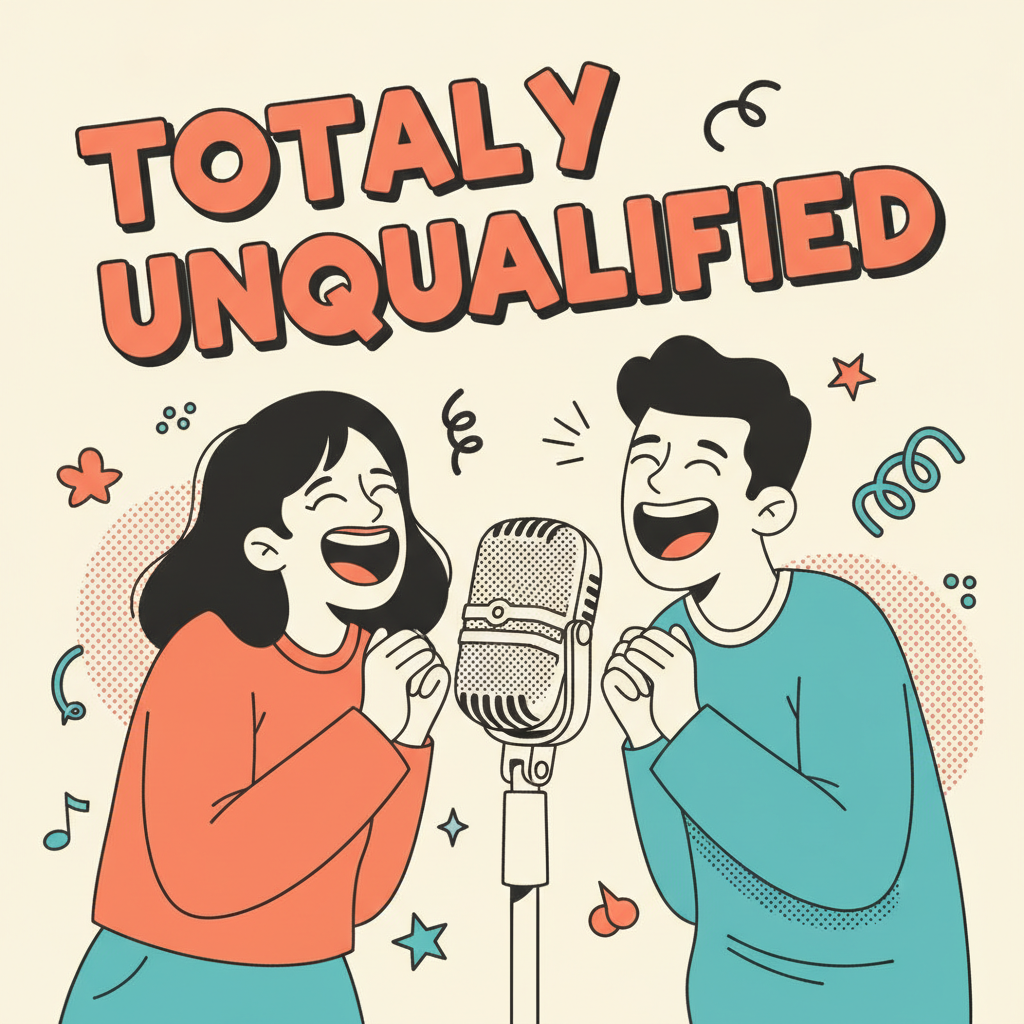 AI podcast cover art generator example — an illustrated comedy podcast cover with two friends laughing around a vintage microphone