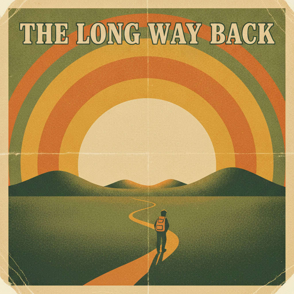 Podcast artwork example — a retro screen printed storytelling podcast cover with a figure walking toward distant hills