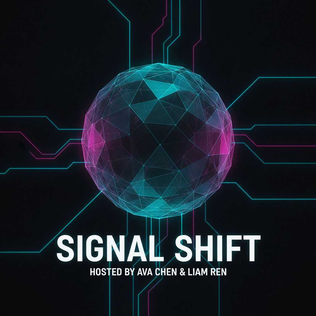 AI podcast cover art generator example — a dark tech podcast cover with a glowing neon wireframe sphere and bright white title type