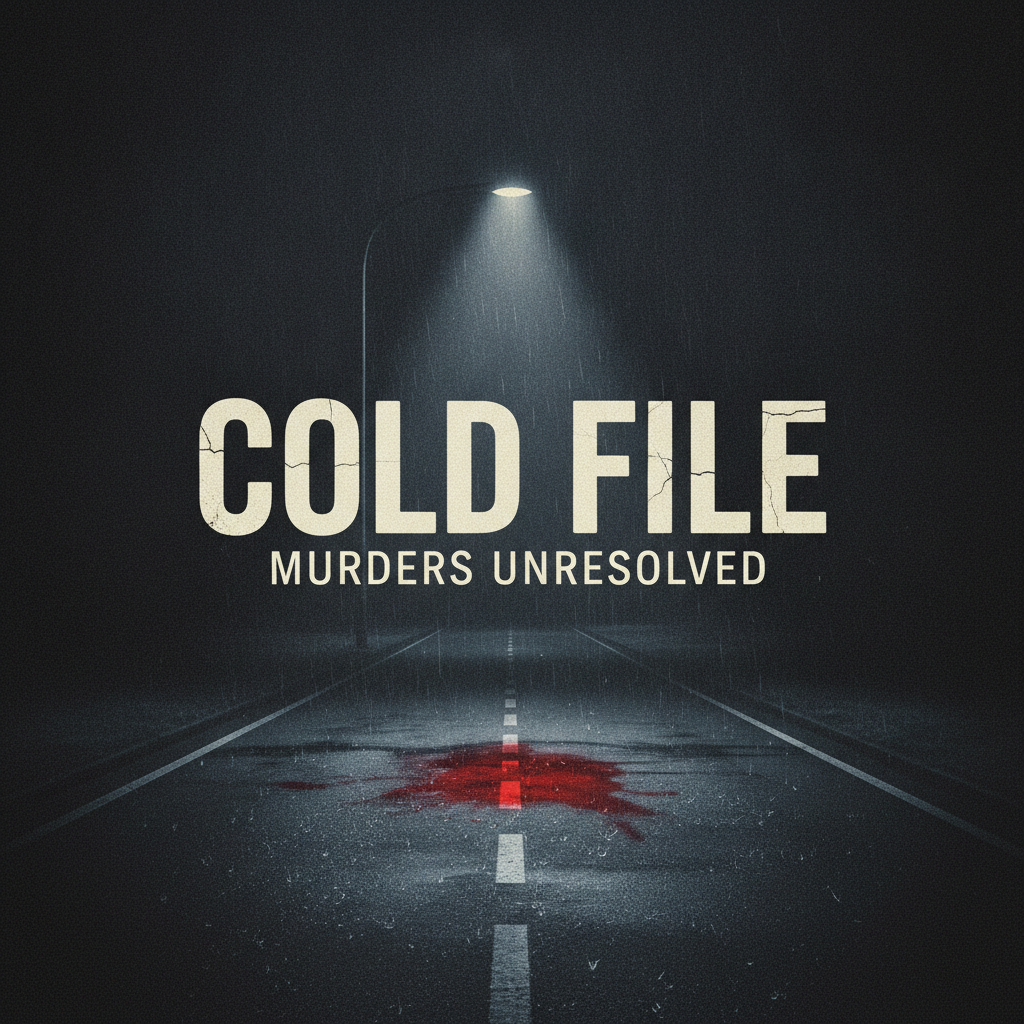 AI podcast cover art generator example — a moody true crime podcast cover with bold cream title type over a rain slicked night street