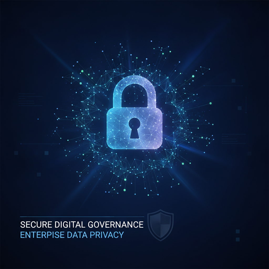 AI policy-driven image tools output — an enterprise data-privacy concept illustration with a secure lock and network nodes