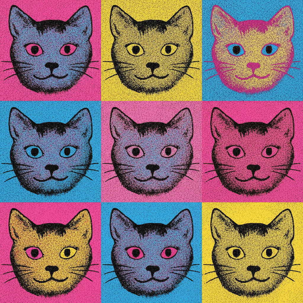 AI pop art generator result — a Warhol-style pop art portrait of a cat in neon colors