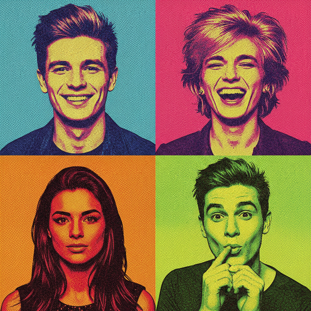 AI pop art generator result — a Warhol four-panel group portrait in vivid color schemes