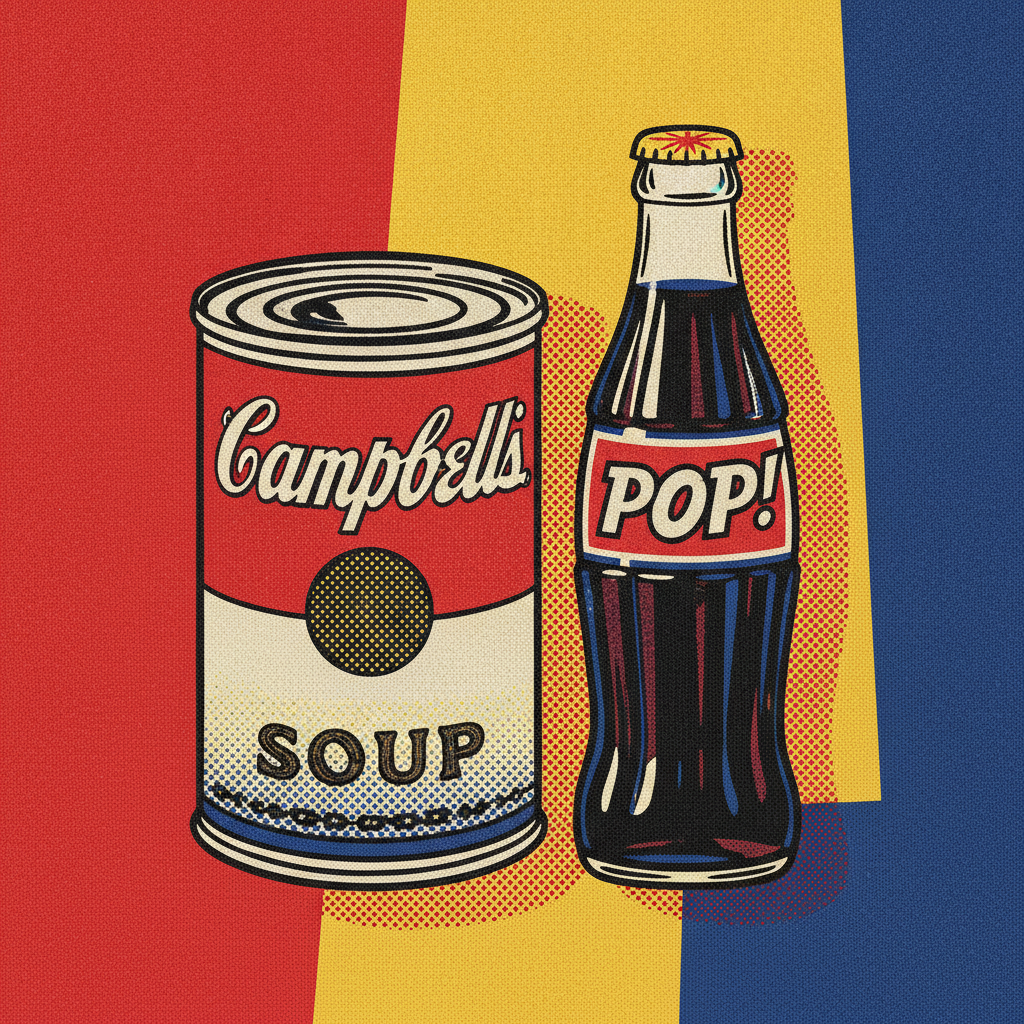AI pop art generator result — a screen-print pop art still life of a soup can in primary colors