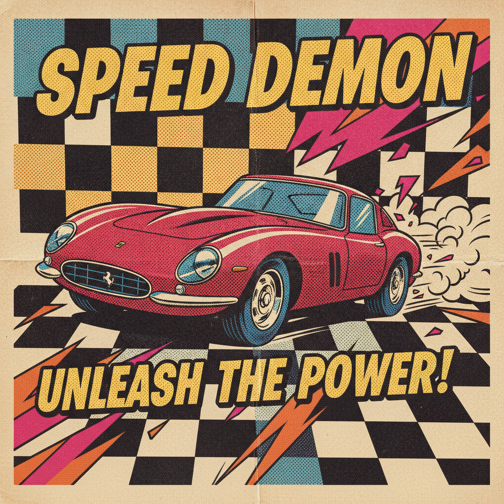 AI pop art generator result — a retro pop art poster of a vintage car with halftone dots