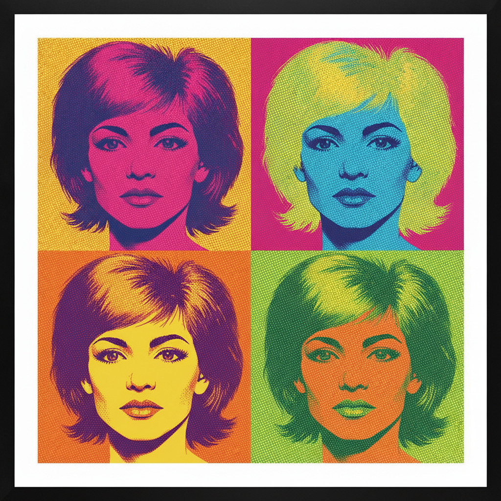 AI pop art generator result — a bold Warhol-style four-panel pop art portrait with bright color blocks