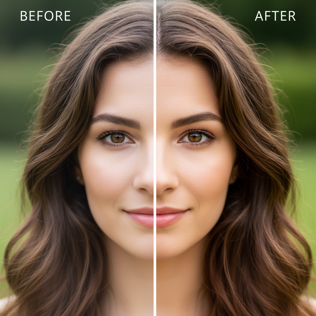 Before and after of a portrait photo enhanced by the AI portrait enhancement tool with crisper detail and vibrant color