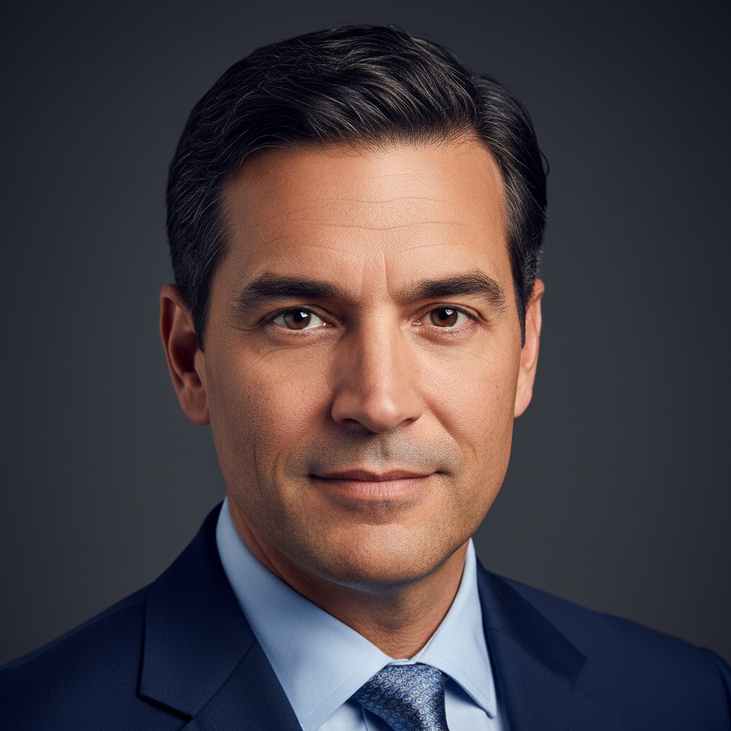 AI-enhanced male corporate headshot with defined facial features, refined skin texture, and balanced professional lighting