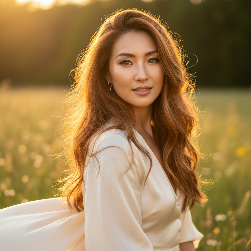 Outdoor portrait improved with AI golden-hour lighting, glowing skin, sharp eyes, and magazine-quality retouching