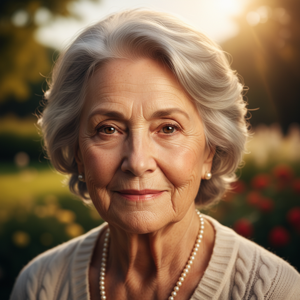 AI portrait enhancement of an older person with gentle skin smoothing, brighter eyes, and improved contrast preserving natural detail
