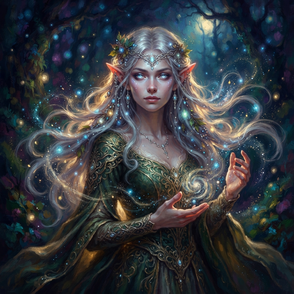 AI portrait image generator result — an ethereal fantasy portrait of an elven woman with glowing eyes and magical particles