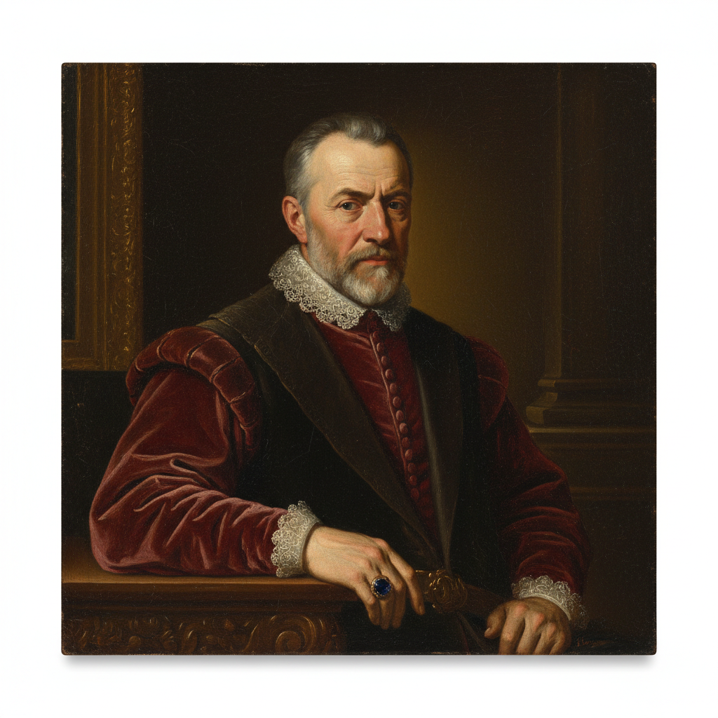 AI portrait image generator result — a classic oil painting portrait of a distinguished man with visible brushstrokes