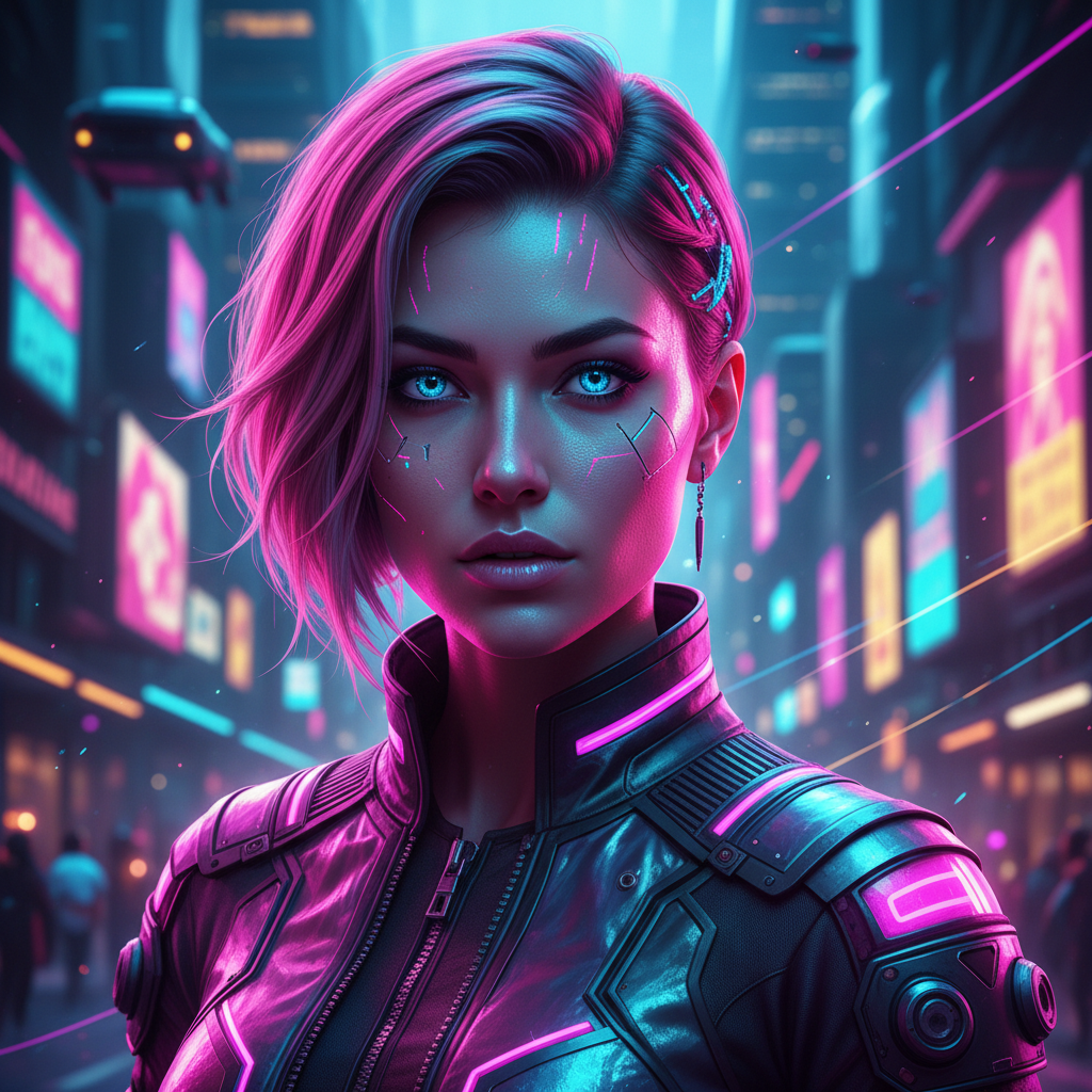AI portrait image generator result — a cyberpunk portrait of a woman lit by neon pink and blue against a futuristic city