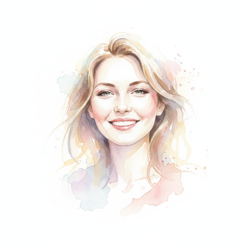 AI portrait image generator result — a soft watercolor portrait of a smiling woman with delicate pastel washes