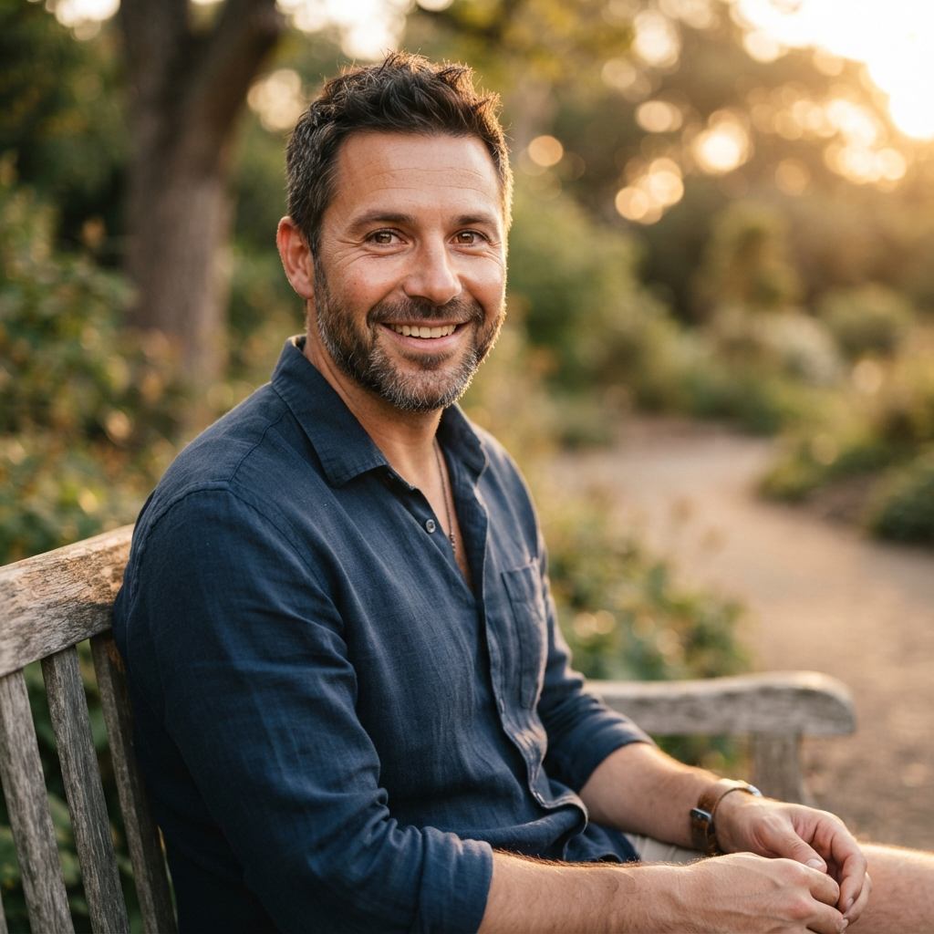 AI portrait photo enhancer result — an outdoor golden hour portrait with warm light and natural healthy skin tones