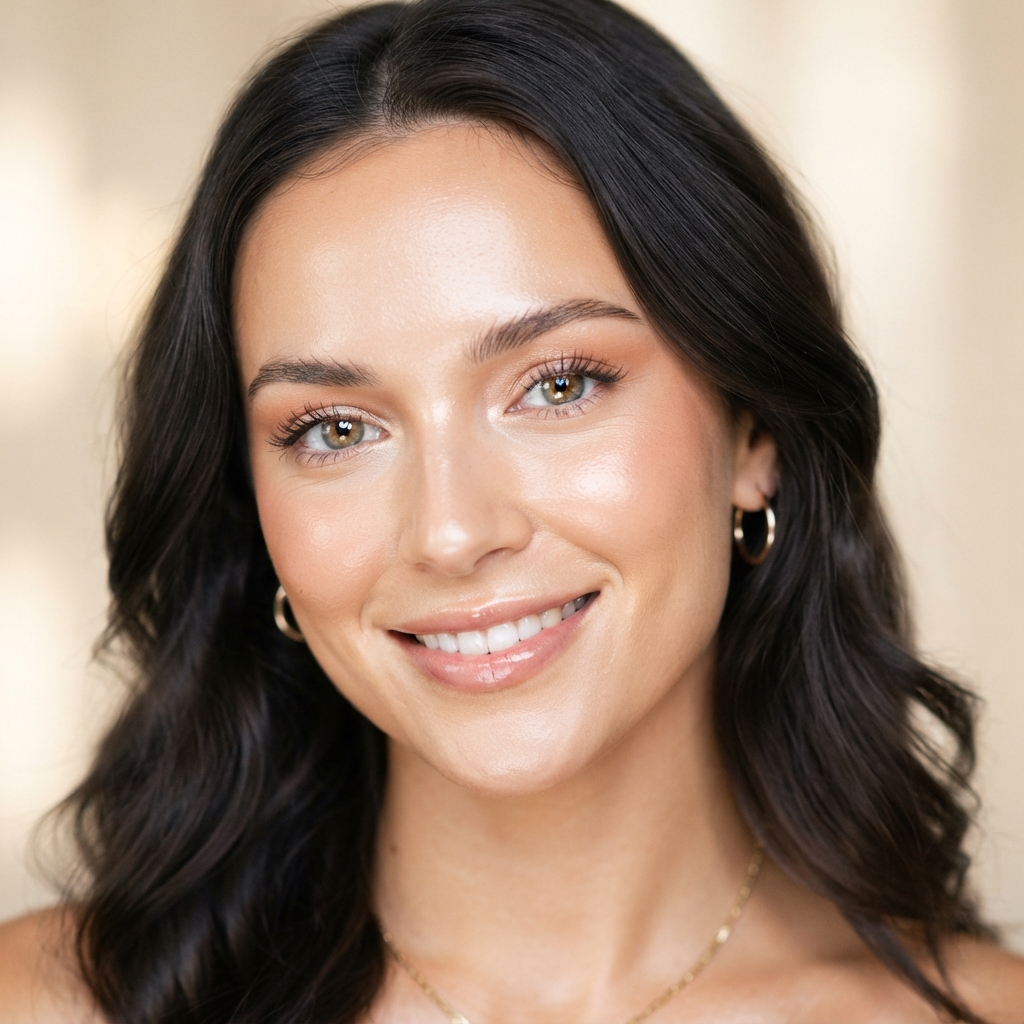 AI portrait photo enhancer result — a beauty close-up with radiant clear skin and enhanced eye clarity