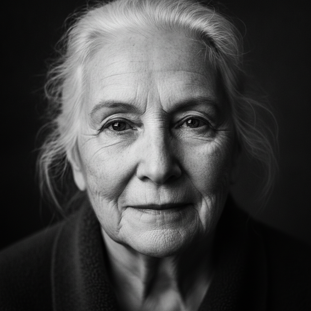 AI portrait photo enhancer result — a fine-art black and white portrait with rich tonal contrast and detailed texture