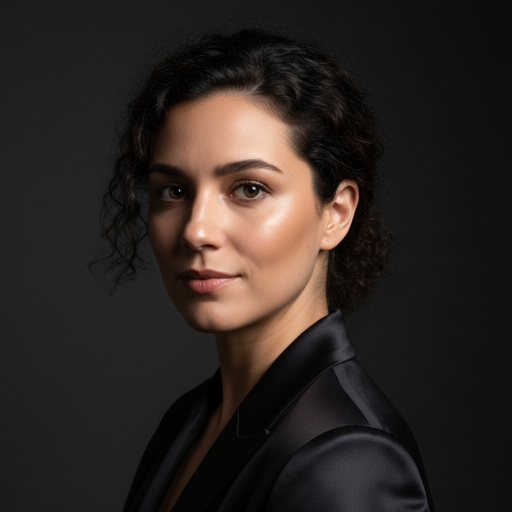 AI portrait photography enhancer showcase studio portrait of a confident woman with soft Rembrandt lighting, deep charcoal background, sharp catchlights, polished AI portrait editing 4K finish ready for magazine cover