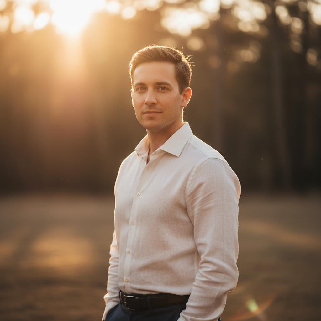 AI portrait photography enhancer environmental portrait of a man at golden hour with creamy bokeh, warm directional sunlight and cinematic rim light, polished AI portrait editing 4K finish ready for personal branding