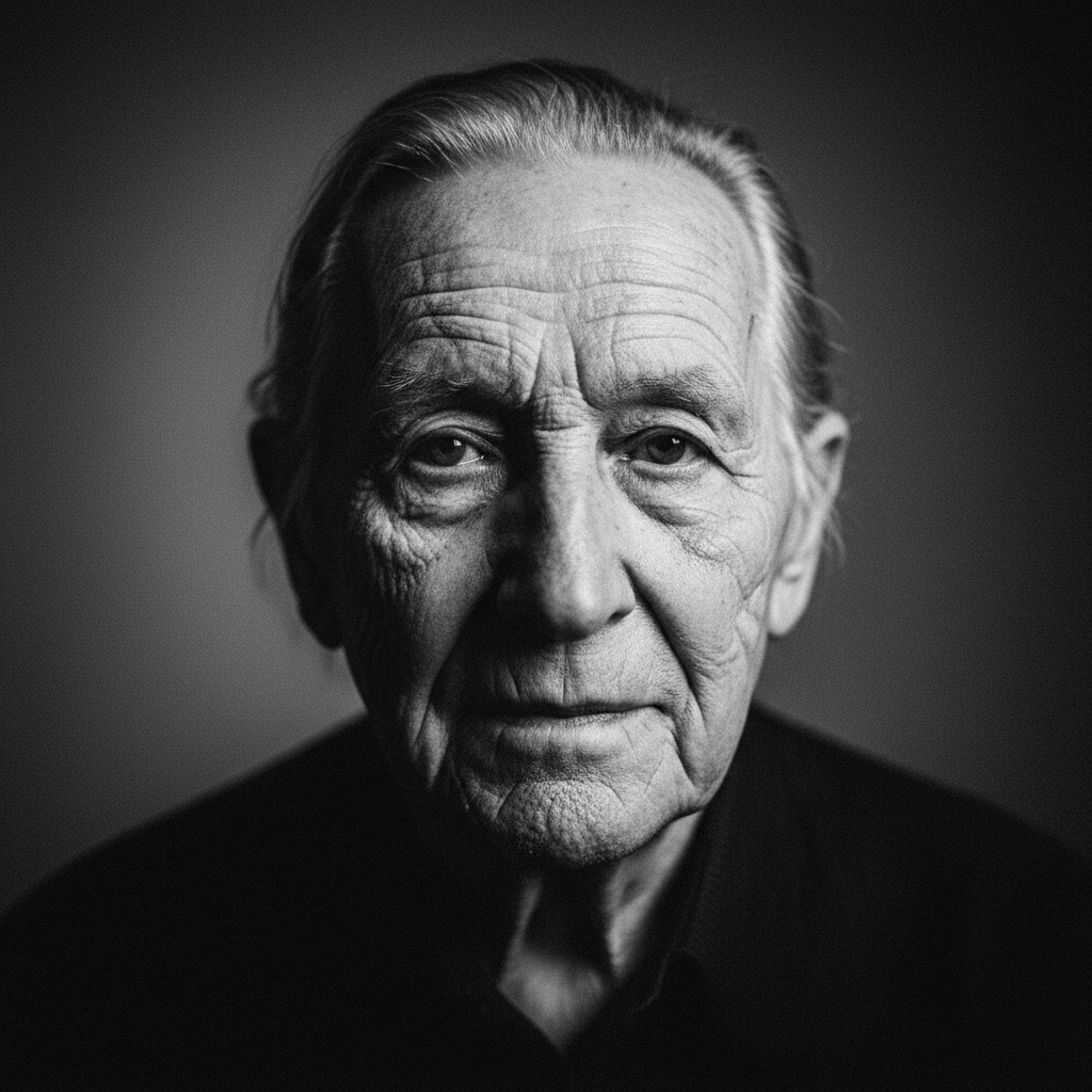 AI portrait photography enhancer dramatic black and white fine-art portrait of a senior with classic split lighting, weathered face, rich tonal range with film-grain texture, polished portrait image enhancement AI 4K finish
