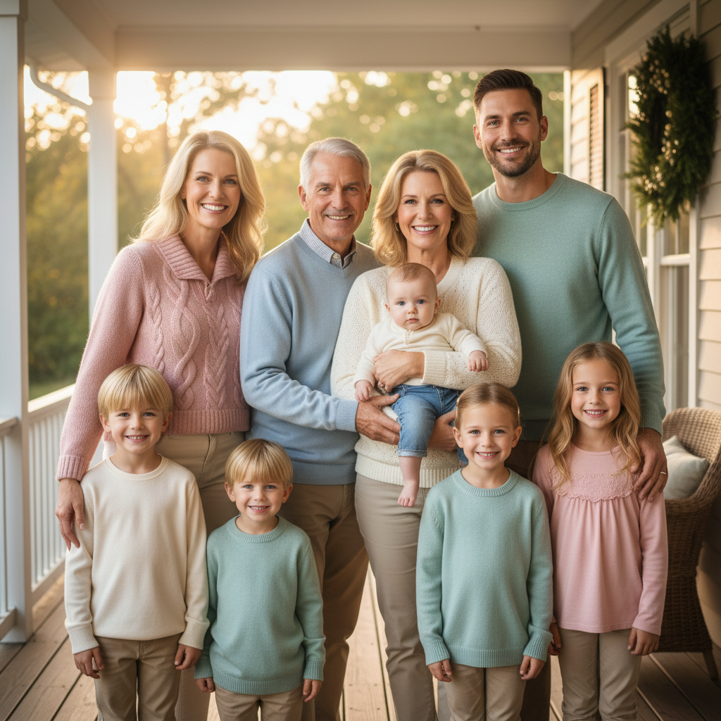 AI portrait photography enhancer joyful family portrait with three generations on a sun-dappled porch, soft natural backlight, warm pastel palette, polished AI photo tools for portrait 4K finish for family blog hero
