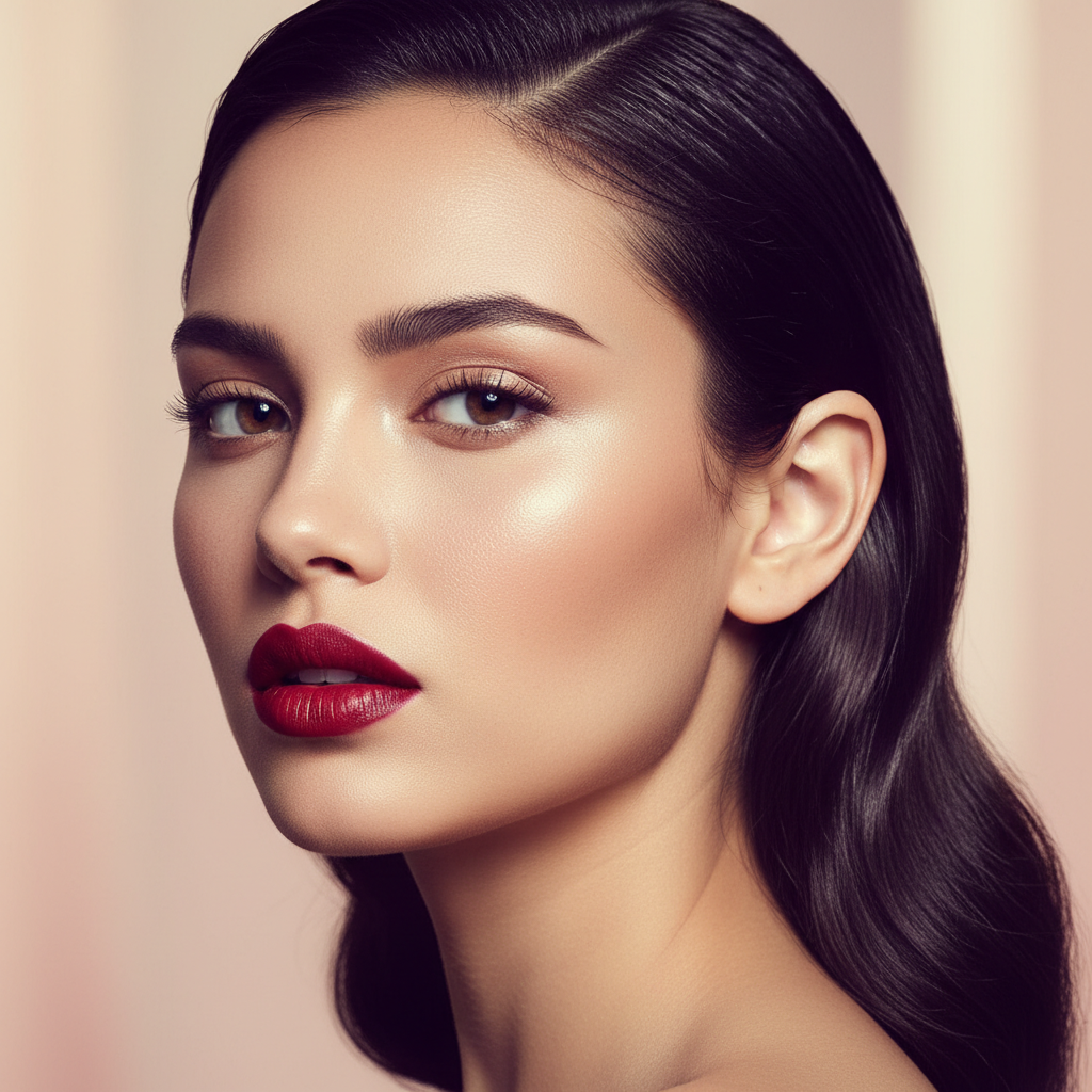 AI portrait photography enhancer fashion editorial beauty portrait close-up with high-key softbox lighting, flawless skin retouch with preserved pore texture, vibrant lipstick, magazine-cover color grading, 4K finish
