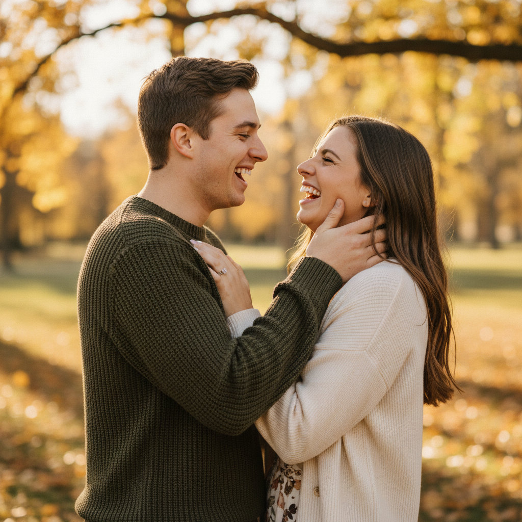 AI portrait photography enhancer candid lifestyle portrait of a young couple laughing in autumn park with golden leaves bokeh, warm afternoon light with subtle film grain, polished AI portrait photography 4K finish