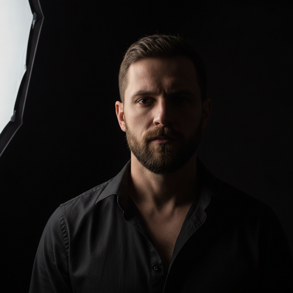 Digital portrait AI in low-key lighting — bearded man lit by a single softbox rim light against a deep black background
