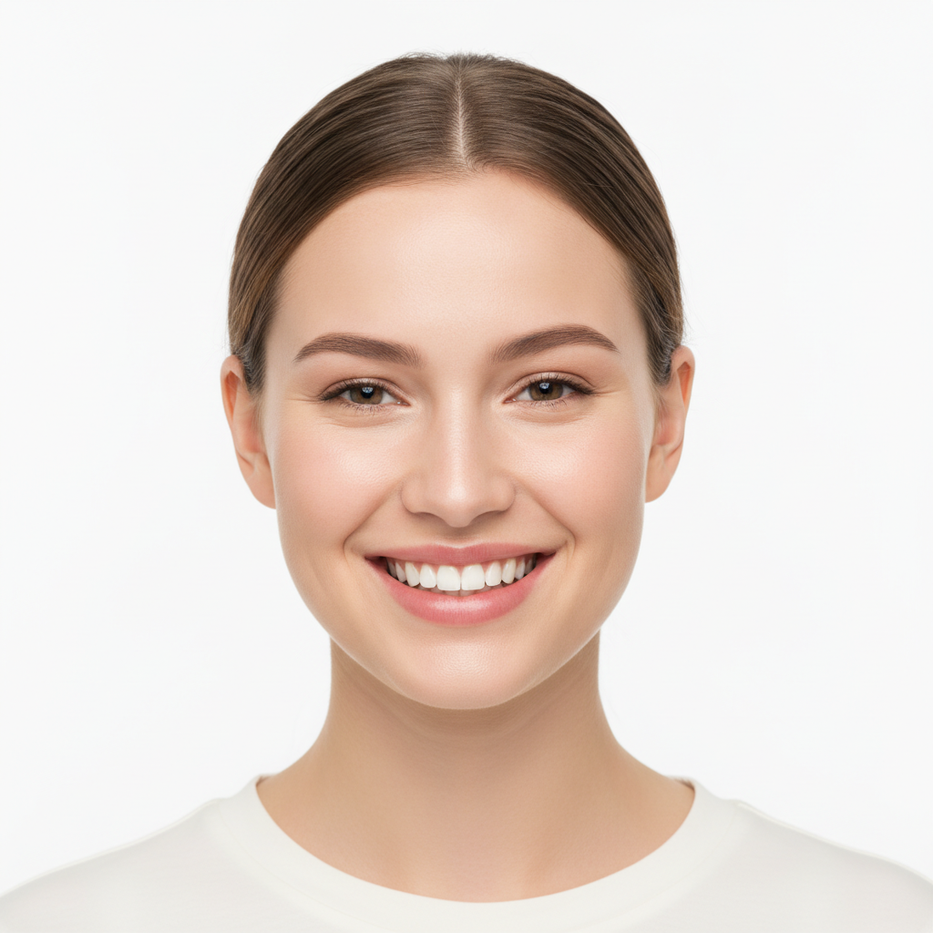 Automated portrait tool output — high-key beauty portrait of a smiling woman on a pure white seamless background with soft even lighting