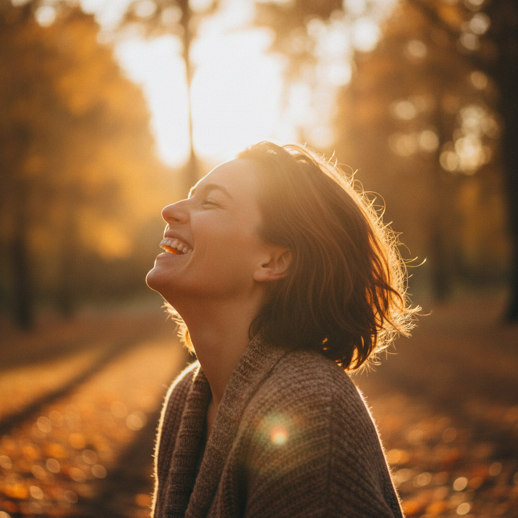 Photo portrait creation at golden hour — person laughing with backlit sun flare through the hair and creamy autumn park bokeh