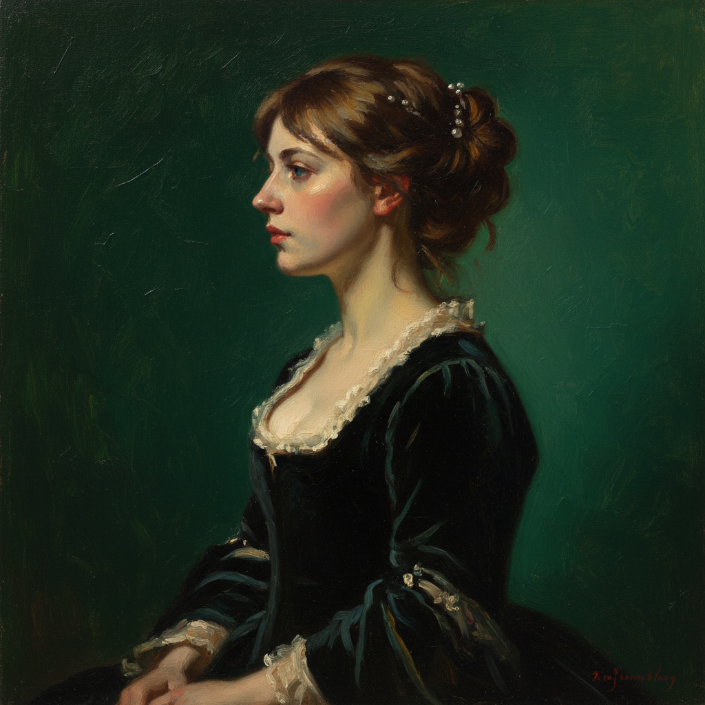Fine-art AI portrait studio render — elegant woman in profile under Rembrandt lighting against a deep emerald background with oil-paint texture