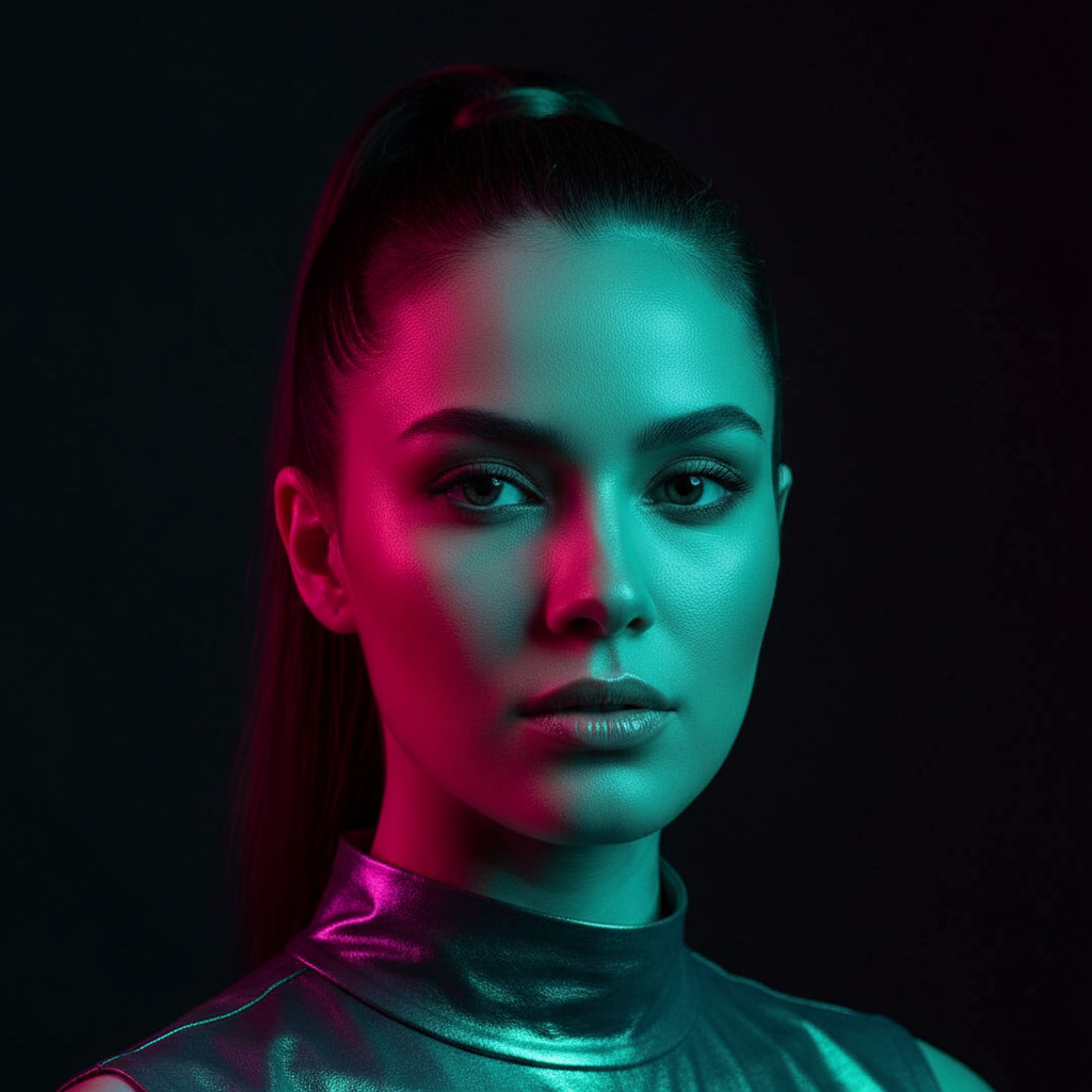 Colour gel portrait from the AI portrait studio — magenta light on one side of the face and teal on the other against a dark background