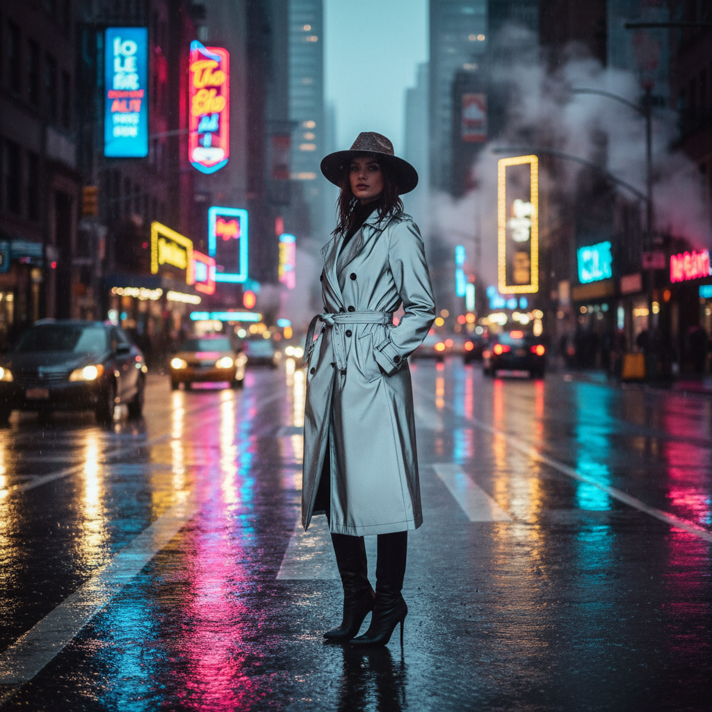Photorealistic composite of a subject on a rain-slick neon street, the kind of edit that takes hours of manual masking in traditional photo editing
