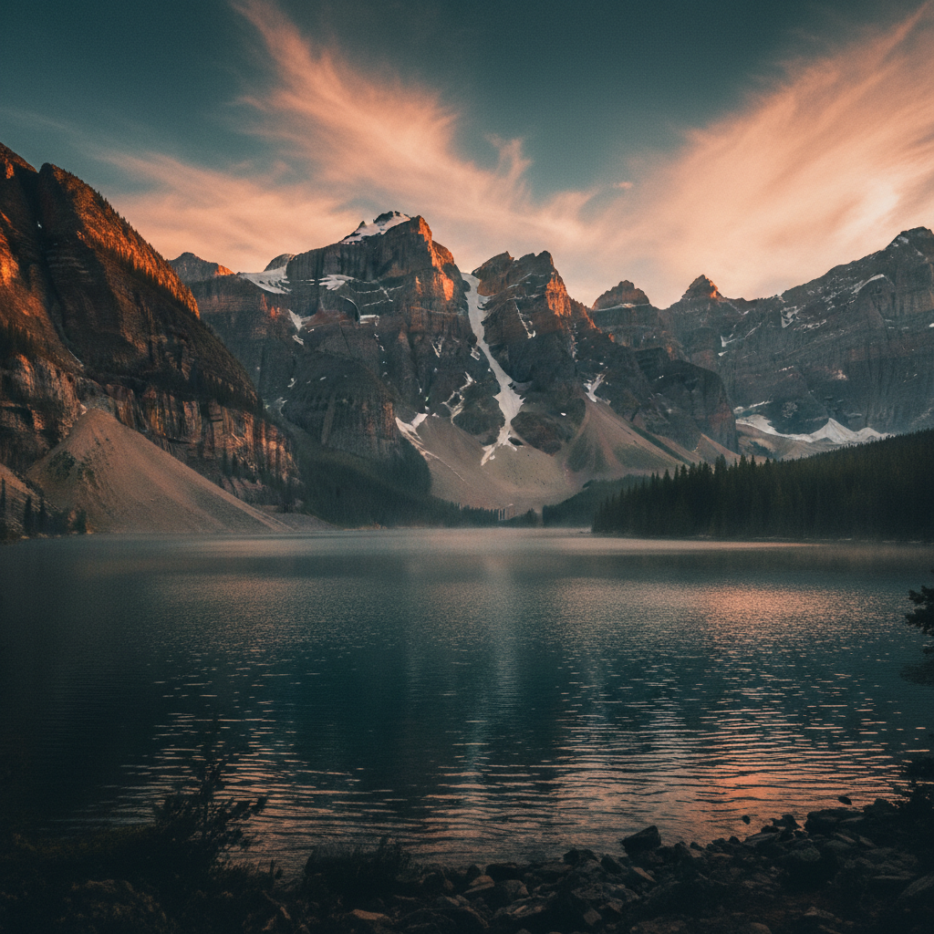 Mountain lake landscape with a cinematic teal and amber colour grade, the kind of look traditional photo editing builds with curves and LUTs